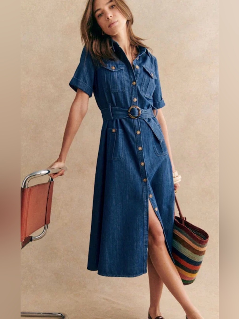 Sézane Raquel Dark Blue Denim Shirt Dress with Belt, size 44 (US 14)